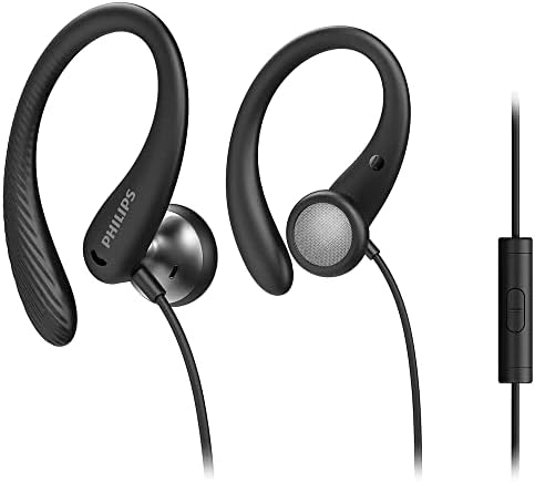 PHILIPS Sports Headphones A1105BK/00 with Microphone, Flexible Ear Hook, Bass Beat Opening, IPX2 Sweat-Resistant, Secure Fit, Inline Remote Control 2020/2021 Model, Black, One Size