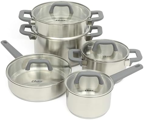 Oster Beauford 9 Piece Stainless Steel Non-Toxic Pots and Pans Cookware Set W/Tri-Ply Encapsulated Bottom & Soft Touch Handles