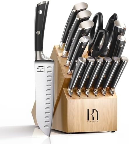 Knife Set with Block, Japanese 15 PCS Ultra Sharp Ktichen Knives Set, High Carbon Stainless Steel Knife Block Set with Sharpener, Professional Knives with Ergonomic Handle for Home Chefs