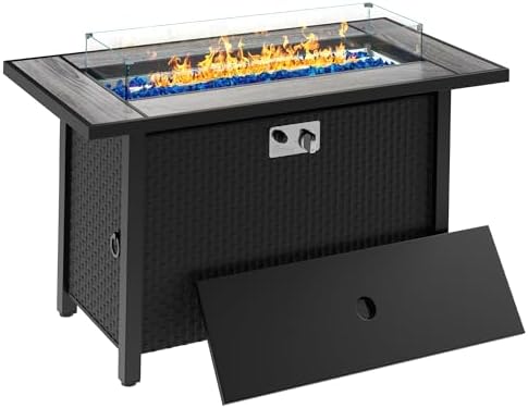 Meilocar 45in Fire Table, Propane Fire Pit with Glass Wind Guard and Rain Cover, Outdoor Firepit Table 50000 BTU 3-in-1 Fire Table for Patio/Yard/Balcony, Gray Tabletop