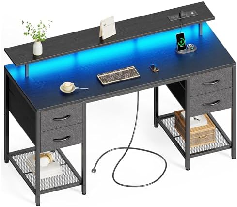 Huuger 55 inch Computer Desk with 4 Drawers, Gaming Desk with LED Lights & Power Outlets, Home Office Desk with Large Storage Space for Bedroom, Work from Home, Black
