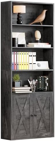 IRONCK Industrial Bookshelves and Bookcases with Doors Floor Standing 6 Shelf Display Storage Shelves 70 in Tall Bookcase for Home Office, Living Room