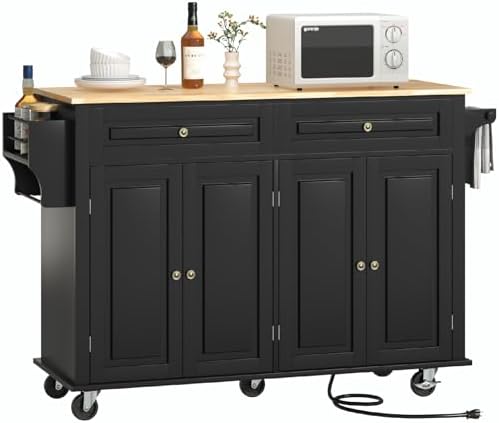 55" Movable Kitchen Island with Drop Leaf and Power Outlet, Rolling Cart with Storage Cabinet, Island Table on Wheels for Kitchen with 2 Drawers, Spice Rack, Towel Bar, Garage Hook, Black