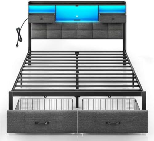 Rolanstar Bed Frame Full Size with Drawers and Charging Station, Upholstered Platform Bed with Storage Headboard and LED Light, Heavy Duty Metal Frame Support, No Box Spring Needed, Noise Free, Grey