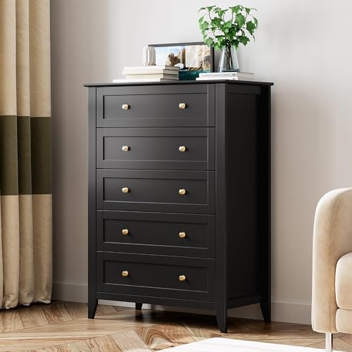 IDEALHOUSE Black 5 Drawer Dresser for Bedroom, Tall Dresser with Deep Drawers & Metal Knobs, Modern Wooden Chests of Drawers for Entryway, Hallway