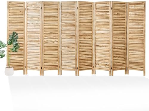 Room Partitions and Dividers, Temporary Wall with Double Hinges, 5.6 Ft Tall Folding Louver Wood Screen for Home Office Bedroom Hotel Decoration (8 Panels, Wood Color)
