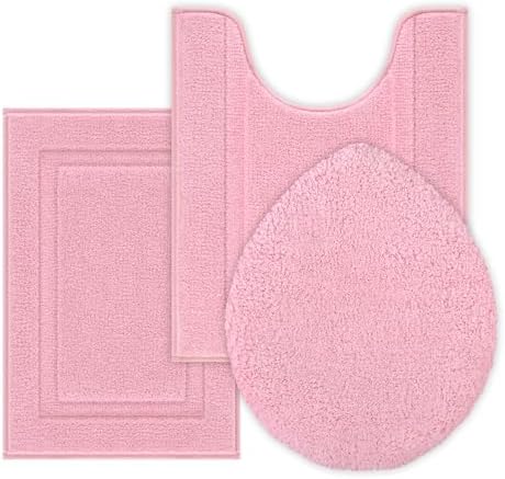 SHACOS 3 Pieces Bath Rugs Set with Toilet Lid Cover Soft Absorbent Bath Mats U Shape Contour Rug Toilet Cover Absorbent Non Slip Machine Washable Plush Bathroom Rug (Pink)