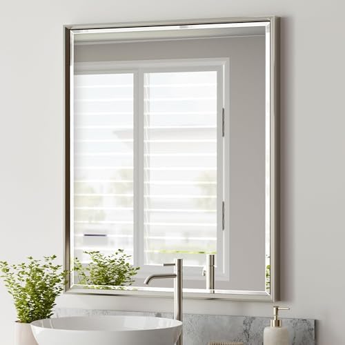 Brushed Nickel Bathroom Mirror, 30x36 Inch Beveled Framed Bathroom Mirror Anti-Rust, Brushed Nickel Metal Frame Bathroom Vanity Mirror for Wall, Vertical/Horizontal Wall-Mounted Mirrors