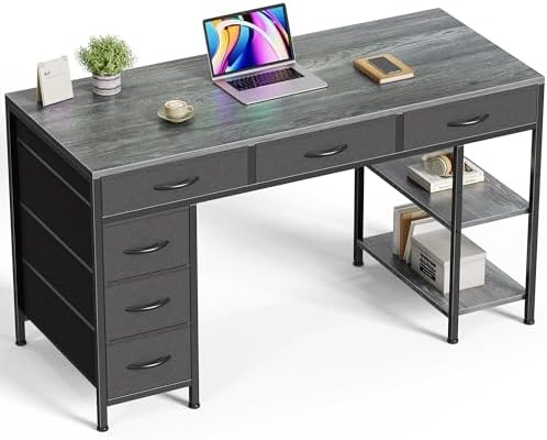 Huuger Computer Desk with 6 Drawers, 47 Inch Office Desk with Shelves, Reversible Gaming Desk, Corner Desk with Storage, for Home Office Study, Living Room, Gray