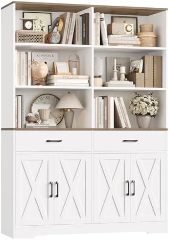 HOSTACK 69" Tall Book Shelf and Bookcase, 47" Wide Bookshelf with Doors and Drawers, 6 Tier Large Wood Bookcases with Storage Cabinet, Modern Farmhouse Display Shelf for Living Room, Office, White