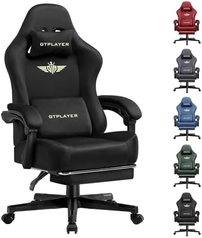 GTPLAYER Gaming Chair Fabric with Pocket Spring Cushion, Big and Tall Gamings Chairs 350LBS High Back Computer Chair with Footrest for Adults Lumbar Support Swivel Game Chair for Office Light Black