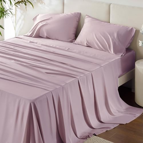 Bedsure King Size Sheet Sets, Cooling Sheets for Hot Sleepers, Rayon Derived from Bamboo, Breathable & Soft Deep Pocket Up to 16 Inches, Hotel Luxury Silky Bedding, Bedsheet & Pillowcases, Lavender