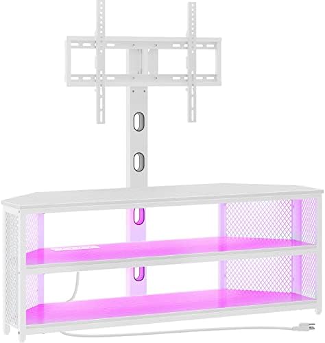 Rolanstar TV Stand with Mount and Power Outlet, Swivel TV Stand with LED Lights for 32/45/55/60/65/70 inch TVs, White Entertainment Center Media Console with Height Adjustable Mount