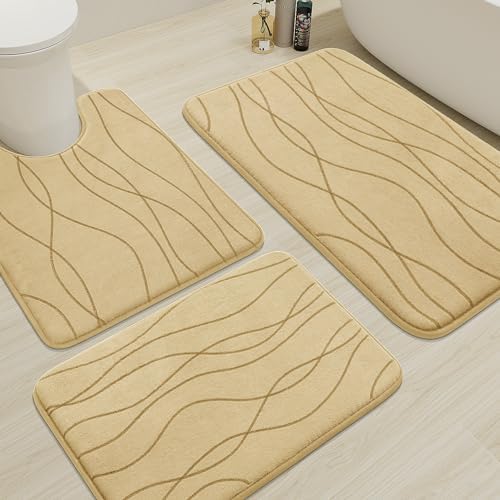 YIHOUSE Memory Foam Bathroom Rug Sets 3 Piece, Ultra Absorbent Bath Mat for Bathroom - Non-Slip Machine Washable & Dry Quickly, 3 Piece Bathroom Mat Set, Beige
