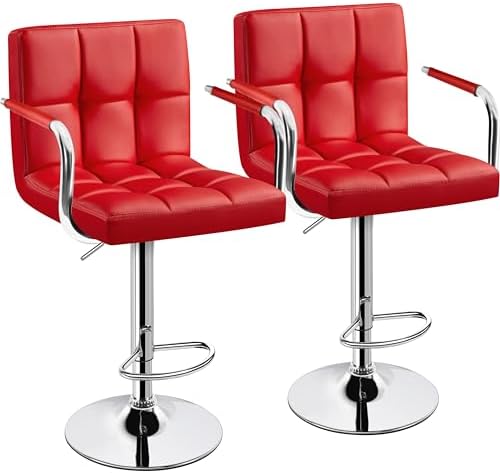 Yaheetech Bar Stools Set of 2, PU Leather Adjustable Swivel Barstools, Hydraulic Kitchen Counter Height Bar Chairs with Armrest and Back for Bar, Kitchen, Dining Room, Red