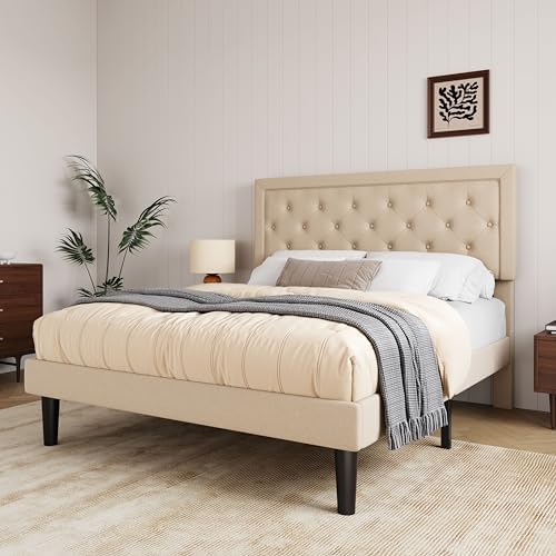 Allewie Queen Size Button Tufted/Fabric Upholstered Bed Frame with Adjustable Headboard/Wood Slat Support/Mattress Foundation/Beige
