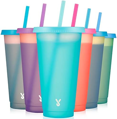 Meoky Plastic Cups with Lids and Straws Bulk - 6 Pack 24 oz Color Changing Reusable Cups with Lids and Straws for Adults Kid Women Party, Cute Cold Tumblers for Iced Coffee