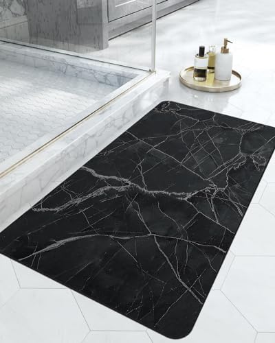 DEXI Bath Mat 17x32, Non Slip Quick Dry Rugs, Super Absorbent Ultra Thin Marble Bathmat, Washable Rubber Mats for Shower Floor, in Front of Bathtub, Sink, Bathroom Accessories Decor, Black