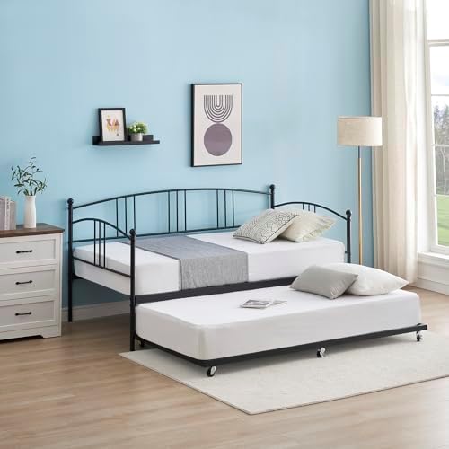 Garvee Twin Metal Daybed with Trundle, Pullout Trundle Bed Frame with Arched Headboard, Guest Sofa Bed with Steel Slat Support, No Box Spring Required, Easy Assembly, Black