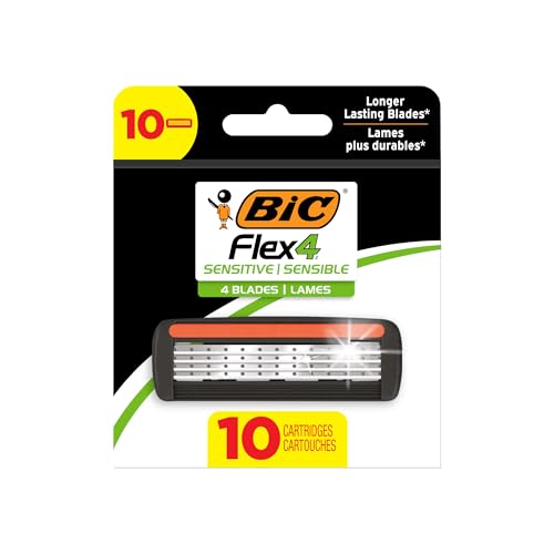 BIC Flex 4 Refillable Refill Razor Cartridges for Men, Long-Lasting 4 Blade Razor Heads for Sensitive Skin, 10 Refill Cartridges