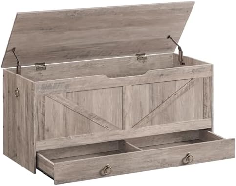 HOOBRO Storage Chest, 43.3" Toy Chest with Drawer, Wooden Storage Bench, Sturdy Entryway Bench Supports 220 lb, Shoe Bench, Safety Hinge, U-Shaped Opening, Easy Assembly, Greige BG711CW01G1