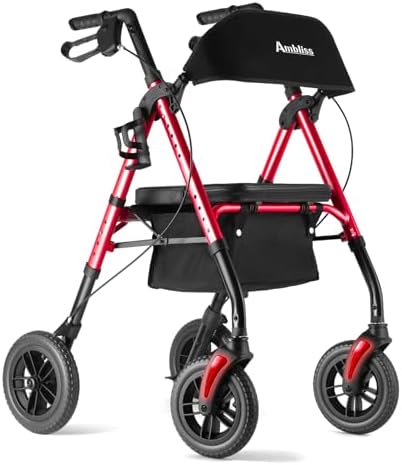 Ambliss Rollator Walkers with Seat for Seniors, 8" Wheels, 300lb. Weight Capacity, All Terrain Lightweight Walkers for Seniors with Backrest, Height Adjustable Foldable Walker, Red