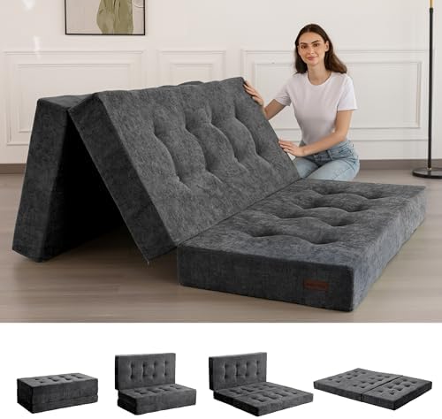 MAXYOYO Tri-Fold Mattress, 6 Inch Tufted Folding Mattress with Chenille Fabric, Portable Twin Size Floor Guest Mat for Adults, Foldable Topper for Camping, Dark Grey, 35.4"x75"