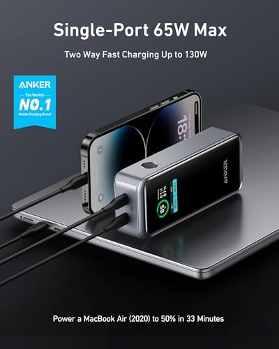 Anker Prime Power Bank, 12,000 mAh 2-Port Portable Charger with 130W Output, Smart Digital Display, Compatible with iPhone 15/14/13 Series, MacBook, Dell