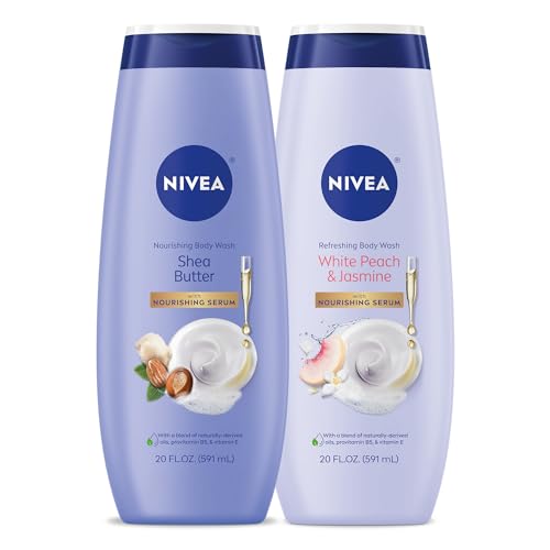 NIVEA Nourishing Shea Butter Body Wash, 20 Fl Oz Bottle + NIVEA Refreshing White Peach and Jasmine Scented Body Wash, 20 Fl Oz Bottle, Skin Care Set with Provitamin B5 and Vitamin E