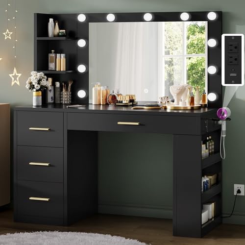 DWVO Vanity Desk with Mirror, Large Makeup Table with Power Outlets, 11 LED Bulbs, 3 Adjustable Light Modes, 4 Drawers and Built-in Shelves, Hollywood Dressing Vanity Desk Set for Bedroom, Black