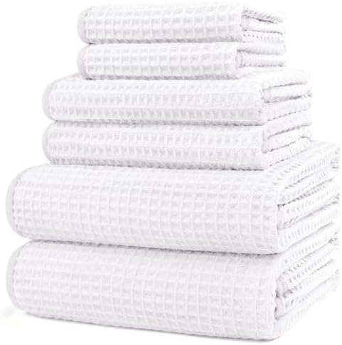 HOMEXCEL 6 Piece Premium Towels Set, 2 Bath Towels, 2 Hand Towels, and 2 Wash Cloths, Soft, Highly Absorbent and Quick Dry Microfiber Waffle Towel for Bathroom, Gym, Shower, Hotel, and Spa, White