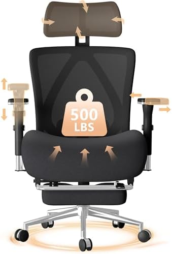 Big and Tall Office Chair 500LBS with Footrest, Ergonomic Mesh Office Chair with Thicken Wide Cushion, 4D Armrest, Adjustable Lumbar Support & Headrest, Executive Computer Desk Chair for Home, Black