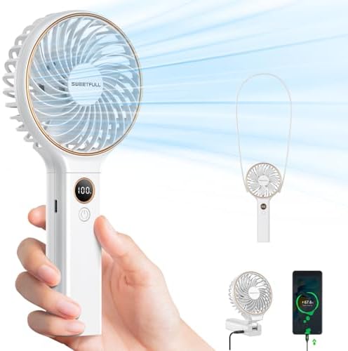 SWEETFULL Handheld Portable Fan, 5000mAh Rechargeable Battery, 6 Speed Wind, LED Digital Display, Foldable Electric Personal Mini Travel Fan with Backup Power, Summer Essentials Gifts for Women Girl