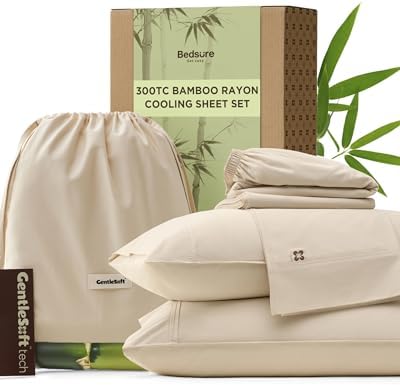 Bedsure Cooling Sheets Queen Size, Rayon Derived from Bamboo & Cotton Blend, GentleSoft, Breathable, Queen Sheet Set, Deep Pocket Up to 18 Inches, Hotel Luxury Bedding for Hot Sleepers, Beige