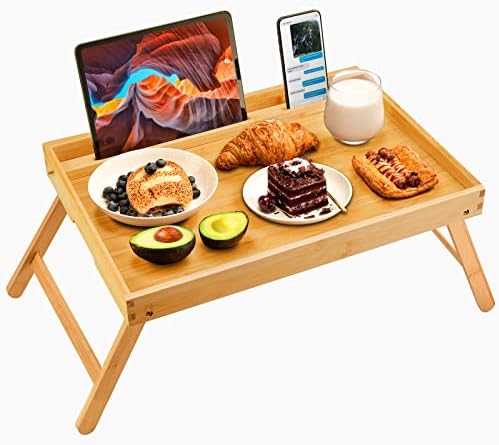 Bamboo Bed Tray Table, Large Breakfast Tray - 21.7x14 Inch with Folding Legs, Multipurpose Serving Tray Use As Portable Laptop Snack Table, for Working, Eating, Reading by Pipishell