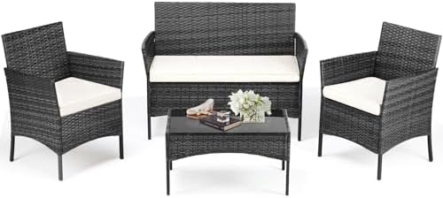 DUMOS Patio Furniture Set 4 Pieces, Outdoor Wicker Furniture with Coffee Table, Modern Rattan Patio Chairs Conversation Sets with Sofa for Garden, Terrace, Porch, Balconies, Lawns, Black