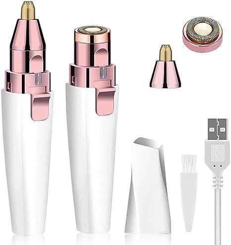 Facial Hair Remover for Women, Eyebrow Trimmer Nose Hair Razor 2-in-1, Mini Bikini Razor Precise Shaper, Portable Rechargeable Epilator for Lips, Body, Cheeks, Chin, Arms, Legs, Peach Fuzz (White)