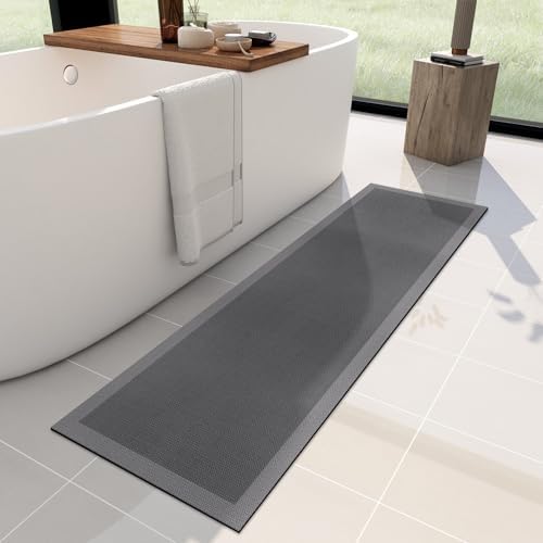 YIHOUSE Ultra Thin Bath Mat -59"x 17" Super Absorbent Quick Dry Thin Bathroom Rugs Fit Under Door, Non Slip Rubber Backed Mat Washable Bathroom Floor Mats for Shower Room,Sink, Light Grey