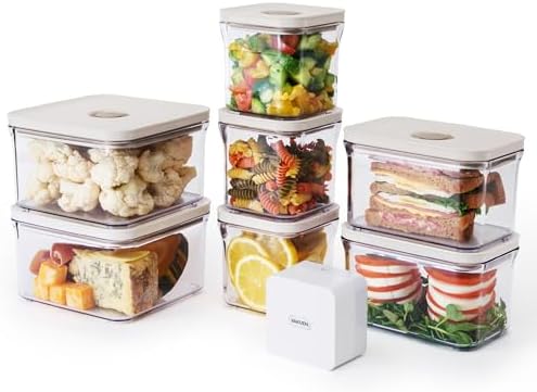 VAKUEN Premium Airtight Food Storage Container. Special Edition Mercury Color 8P/Set. 7pcs Container and Vacuum Sealer. Patented Double Silicone Lining, 100% Leak Proof, BPA-FREE