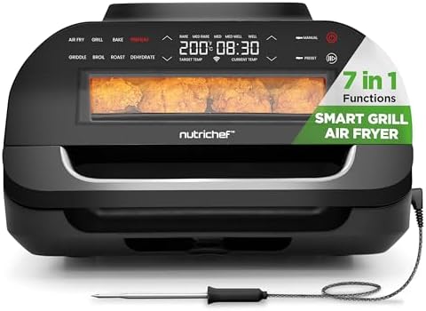 NutriChef Indoor Smokeless Grill | Smart Grill & Air Fryer with 7 Cooking Functions | 6L Capacity | Includes Smart Thermometer | Precise Temperature Control | Non-Stick Removable Grill Plates