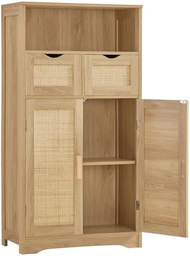 Iwell Storage Cabinet with 2 Drawers & Adjustable Shelves, Rattan Cabinet, Kitchen Pantry Cabinets, Cupboard for Living Room, Kitchen, Home Office, Natural