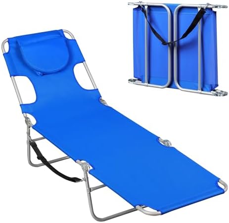 WLIVE Beach Chair for Adults, 4-Position Folding Tanning Chairs with Face Hole, 2 Legs Support Portable Outdoor Chair for Beach, Pool, Blue