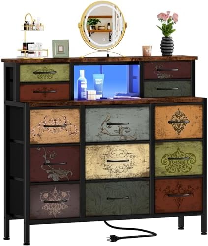 Dresser for Bedroom with 13 Drawers 2 Open Shelves, Fabric Storage Dresser, Chest of Drawers, Pattern Organizer for Closet, Bedside, Living Room, Entryway, Hallway