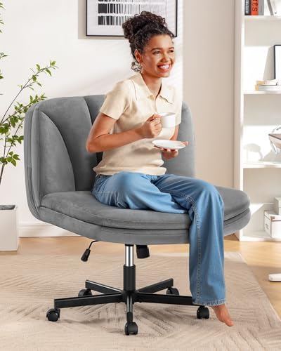 FelixKing Criss Cross Chair with Wheels, Cross Legged Office Chair, Armless Wide Vanity Desk Chair with 2 Layer Comfty Velvet & Back - Swivel for Home Office Bedroom, Gray Velvet