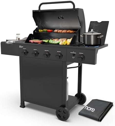 Kenmore 4-Burner Gas Grill with Side Burner, Outdoor BBQ Grill, Propane Gas Grill, Cast Iron Cooking Grates, Electronic Ignition, Warming Rack, 53000 BTUs, Black + Bonus Cover