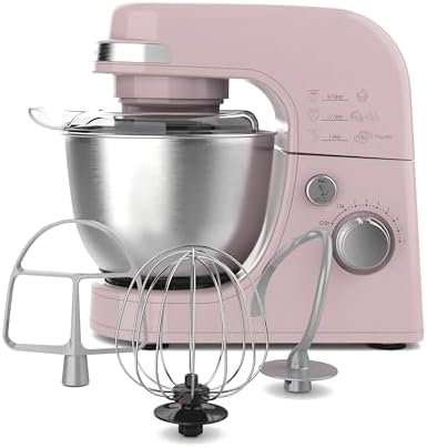 Hamilton Beach Electric Stand Mixer, 4 Quarts, Dough Hook, Flat Beater Attachments, Splash Guard 7 Speeds with Whisk, Rose