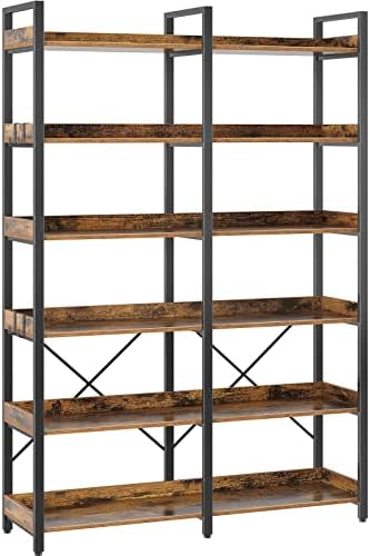 Seventable Bookshelf 6 Tier with 4 Hooks, 67” Industrial Wooden Bookcase, Vintage Storage Rack with Open Shelves, Rustic Standing Bookshelves Metal Frame 43.3” Wide Display Rack, Rustic Brown