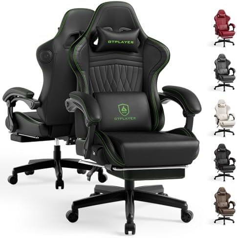 GTPLAYER ACE-PRO Music Gaming Chairs – Built-in Speakers, App Support & Bluetooth Control, Footrest & Pocket, Gamer Chair for Adults, Black & Green Stitch