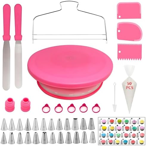 90 Pcs Cake Decorating Kit with Cake Turntable,Cake Leveler,24 Numbered Icing Piping Tips,2 Spatulas,3 Comb Scrapers,2 Couplers,5 Bag Ties and 50 Disposable Pastry Bags