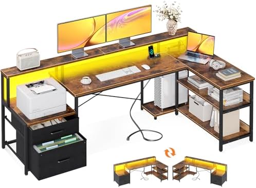 ODK L Shaped Desk with File Drawer, 75" Reversible L Shaped Computer Desk with Power Outlet & LED Strip, Office Desk with Storage Shelves, Gaming Desk with Monitor Shelf, Corner Desk, Vintage